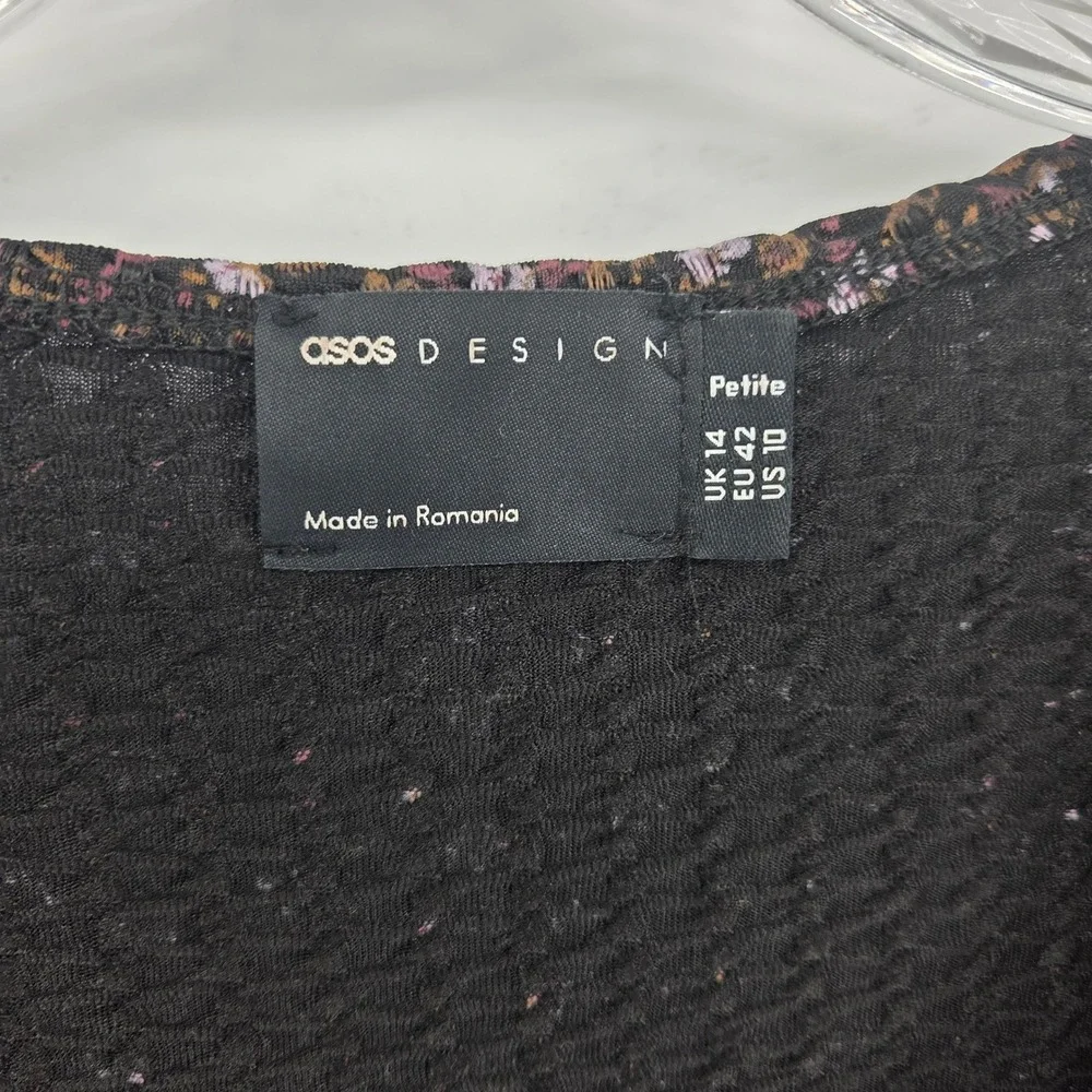 ASOS DESIGN Petite Midi Dress 10 Black Floral Puff Sleeve Boho Cottagecore - Picture 3 of 7